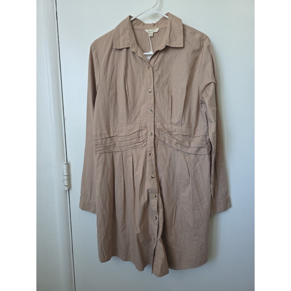 Sim‎ and Sam Ruched Khaki Button-Front Shirt Midi Dress Size XL